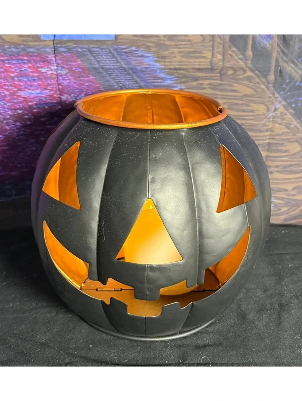 Black Metal Halloween Jack O Lantern 8.5” LED candles